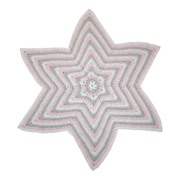 Star Shaped Crocheted Throw Blanket Soft Fluffy Hand Made Crochet Pink Gray
